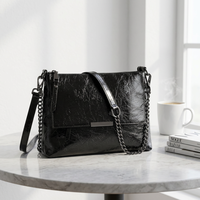 Sac fourre-tout en cuir véritable noir avec chaîne, bandoulière, sac à main, portefeuille à rabat pour usage quotidien