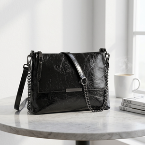 Sac fourre-tout en cuir véritable noir avec chaîne, bandoulière, sac à main, portefeuille à rabat pour usage quotidien - Product Image 2