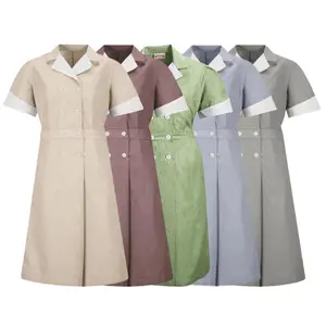 Custom Made Cotton Polyester Double-Breasted Hotel House Maid Staff Cleaning Housekeeping Uniform Dress