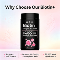 Formule de biotine avec collagène et kératine, 80 000 microgèmes par portion, complexe beauté B pour les cheveux, la peau et les ongles