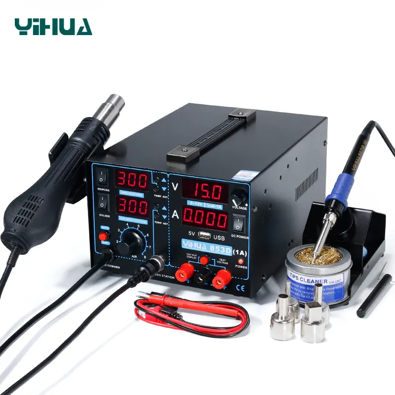 YIHUA 853D 1A USB 3in1 نوع الهواء الساخن إصلاح الهاتف المحمول سبيكة لحام محطة DC 15V 1A امدادات الطاقة لحام محطة إعادة العمل