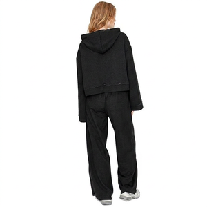 Conjunto de 2 piezas de ropa urbana informal de invierno vintage con logotipo personalizado para mujer, sudadera con capucha corta 100% algodón, chándal holgado y amplio. - Product Image 6