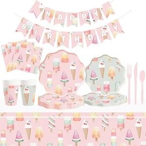 ชุดจานกระดาษธีมไอศกรีมสีชมพูแบบกำหนดเอง DAMAI ชุดภาชนะใส่อาหารแบบใช้แล้วทิ้งสำหรับงานเลี้ยงวันเกิดเด็กในฤดูร้อน - Product Image 1