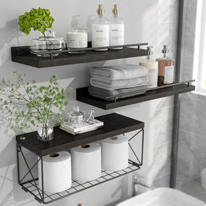 <b>Black</b> Stainless Steel Floating Bathroom Wall <b>Shelf</b> Set 3-Tier Minimalist Wood Handicraft Modern Geometric Storage Functions - Product Image 3