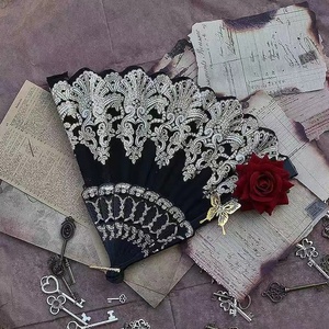 Abanico de mano vintage español de <span class=keywords><strong>flamenco</strong></span> con encaje de rosas, elegante abanico plegable negro para fiestas y bodas - Product Image 6
