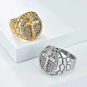 Retro Hip Hop Cross Full Diamond <b>Ring</b> Band <b>Titanium</b> Steel Plated 18K Gold Men's Jewelry - Product Image 1