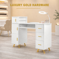 Table de manucure en or blanc, bureau de salon de manucure avec coussin repose-mains, plusieurs tiroirs, armoires, grand rangement, poste de travail pour technicien en ongles