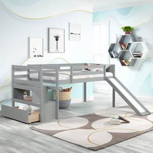 <b>Solid</b> <b>Wood</b> Twin Over Twin Low <b>Bunk</b> <b>Bed</b> with Slide and Ladder Guardrail for Kids-for Hotel Living Room or Bedroom - Product Image 4
