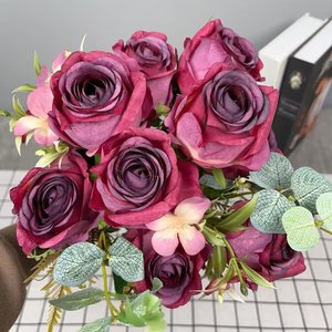 Fleurs artificielles en gros à prix d'usine, décoration de haute qualité, bouquet de neuf têtes de roses en soie blanches - Product Image 6