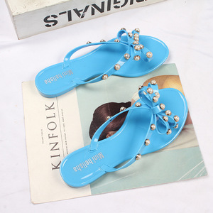 Women Flip-flops Studded Pearls <strong>Bow</strong> <strong>Sandals</strong> Summer Beach Rain Flat Thong Strap Jelly Shoes - Product Image 2