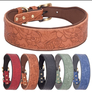 Factory Price Luxury PU Leather <b>Dog</b> Collar Embossed Print Ribbon Decoration Cotton Padded <b>Adjustable</b> Pet Collar Wholesale - Product Image 1