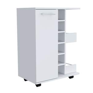 DB Single Door White Finish Bar <b>Cart</b> with Four Casters and Six Wine Cubbies Wells and Wine <b>Storage</b> Cabinet Set - Product Image 5
