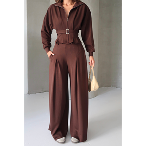 Ensemble en modal marron pour femme, pantalon plissé ample avec chemisier zippé à ceinture - Product Image 4