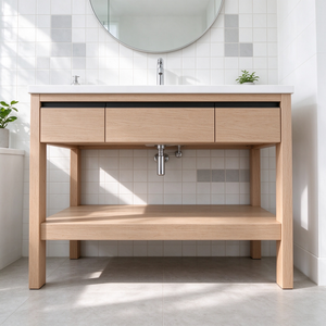 Mueble de Baño Moderno de Madera Maciza con Base y Estante Abierto, Muebles al por Mayor para Hotel - Product Image 1