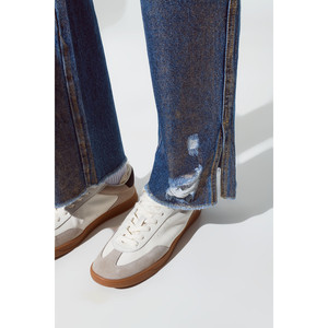 Jeans a Gamba Dritta Strappati con Riflessi Metallici Dorati - Product Image 2