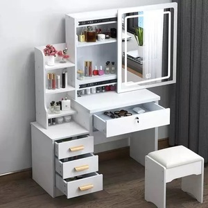 Set Tavolo da Toeletta di Lusso Bianco con Sgabello Tavolo da Trucco Moderno con Multipli Cassetti Scrivania Vanity con Luci e Specchio Grande per Donna - Product Image 1