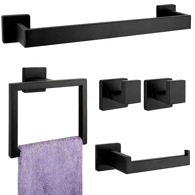 Juego de accesorios de baño montados en la pared de color negro mate de 5 piezas Juego de barra de toalla de baño de acero inoxidable