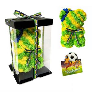 Ours en roses artificielles du Brésil, roses artificielles vertes, jaunes et bleues, ours en peluche avec ruban de football pour les fans de football, vente en gros - Product Image 6