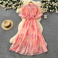 Robe longue décontractée pour femme WIWT, élégante, rose, brodée, à manches bouffantes, coupe trapèze, col montant, boutonnée, avec ceinture, pour le quotidien