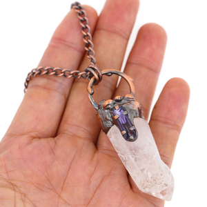 Vente en gros pendentif bâton de quartz en cristal de roche naturel breloque pierre de guérison améthyste soudée fournitures de fabrication de bijoux en cuivre antique - Product Image 4