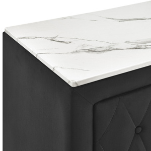 Mesa de Noche Negra con Tapicería de Tela, Superficie de Imitación Mármol, Dos Cajones, Mueble de Madera para Dormitorio - Product Image 4