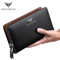 Dompet Kulit Asli Pria Anti-RFID dengan Kantong Koin Ber-resleting, Penutup Paspor Panjang, Tempat Kartu, Dompet Anti-Maling Berbahan Poliester dengan Logo