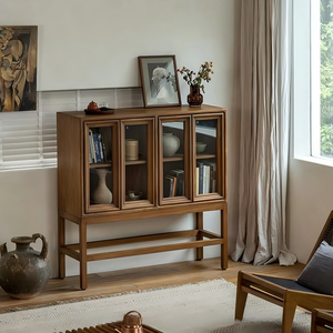 Vintage Retro Medieval Style Living Room <b>Sideboard</b> Teak Glass Bookshelf Solid Wood Display <b>Storage</b> China Made - Product Image 5