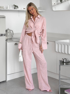 Wholesale 2026 Spring <b>Summer</b> Women 2 Piece Set Long Sleeve Shirt and Straight <b>Pants</b> Casual Relaxed Fit Private Label - Product Image 3
