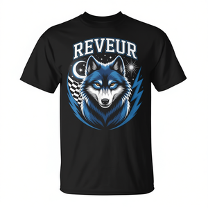 T-shirt Reveur Wolf bleu avec design graphique, chemise promotionnelle unisexe - Product Image 2