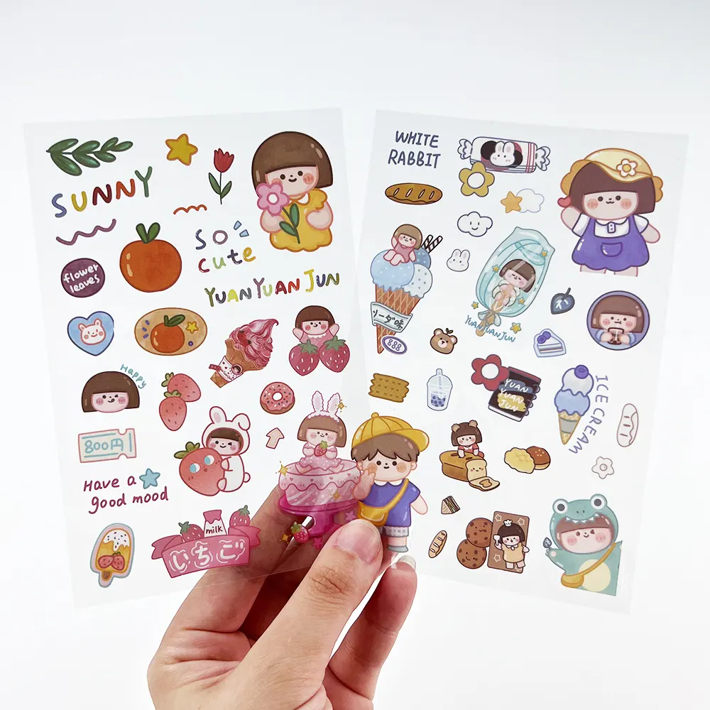 A5 Low MOQ Self Adhesive Custom Sticker Sheet Printing transparent Cute girl Cut Cartoon Die Cut Logo Stickers