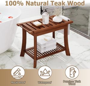 <span class=keywords><strong>Panca</strong></span> Doccia Moderna di Lusso in Teak con 1 Ripiano Portaoggetti e Portasciugamani, Ecologica per Uso Interno/Esterno, Bagno, Spa, Piscina - Product Image 4