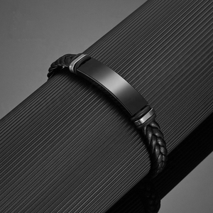 Classic <b>Mens</b> <b>Leather</b> <b>Bracelet</b> Wholesale Stainless Steel Engraved Blank Charm Double Wrap Braided <b>Leather</b> <b>Bracelet</b> for <b>Men</b> - Product Image 2