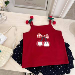 Tongxingyuan Girls Summer Sleeveless Top Polka Dot Skirt Set Cherry Print Cotton Outfit - Product Image 3