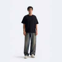 T-shirt en coton noir surdimensionné pour homme Sportsly International, col rond, manches courtes, couleur unie, jersey décontracté, écologique, 240g