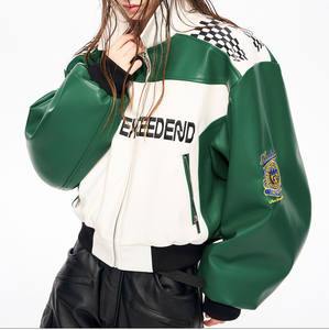 Jaket Kulit Balap Motor Pria Berlapis Tebal dengan Bordir Logo dan Patchwork Streetwear - Product Image 1