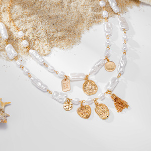 Collar con Colgante de Corazón de Bambú con Perlas de Imitación de Forma Irregular <span class=keywords><strong>y</strong></span> Grabado en Hierro, Estilo Barroco, para Mujer, Estilo Europeo <span class=keywords><strong>y</strong></span> Americano - Product Image 4