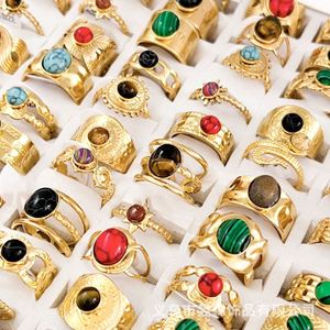 Vintage Style French Natural Stone Stainless Steel <b>Ring</b> 18k Gold Plated <b>Ring</b> Cz Zircon Mix Bulk Gemstone Opening <b>Adjustable</b> <b>Ring</b> - Product Image 2