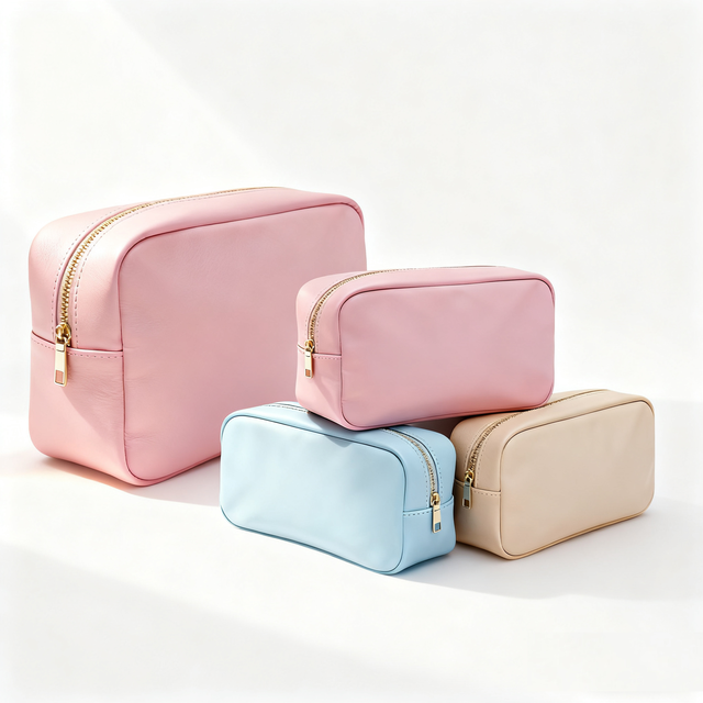 Factory Custom Logo PU Cosmetic Pouch Travel Makeup Bag Pink Blue Cream Vegan Leather Toiletry Organizer PU Leather Cosmetic Bag