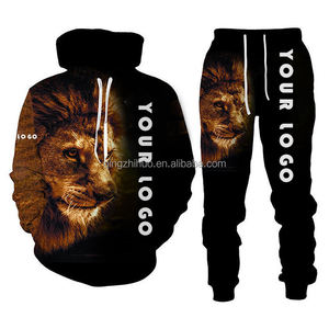 OEM ODM Anime abbigliamento 3D stampato <span class=keywords><strong>leone</strong></span> <span class=keywords><strong>con</strong></span> <span class=keywords><strong>cappuccio</strong></span> personalizzato fatto sublimazione tuta tuta tuta 3d stampa due pezzi Set di pantaloni per gli uomini - Product Image 1