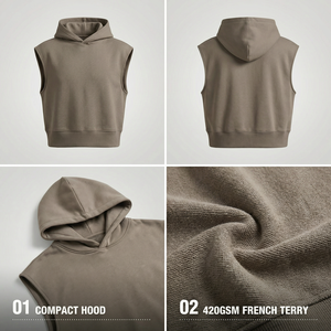 <span class=keywords><strong>Sudadera</strong></span> con capucha de lujo sin cordones, estilo streetwear, de felpa francesa de 420 g/m², sin mangas, extragrande, holgada y corta, OEM sin marca - Product Image 2