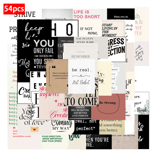 54PCS Inspirational Text English Stickers Waterproof PVC Sticker Packs for Notebook Luggage Laptop Phone Case Backpack Cup