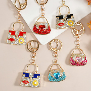 Luxury Rhinestone Handbag Keychain Fashion Metal Carabiner Pendant <b>Bag</b> <b>Charm</b> With Heart And Lips Design - Product Image 1