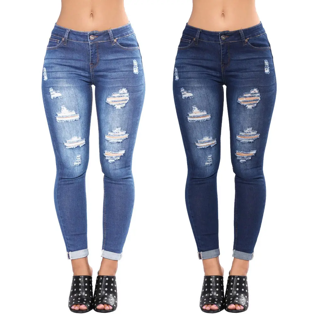 Calças jeans femininas personalizadas, calças skinny elásticas de alta qualidade com cintura alta