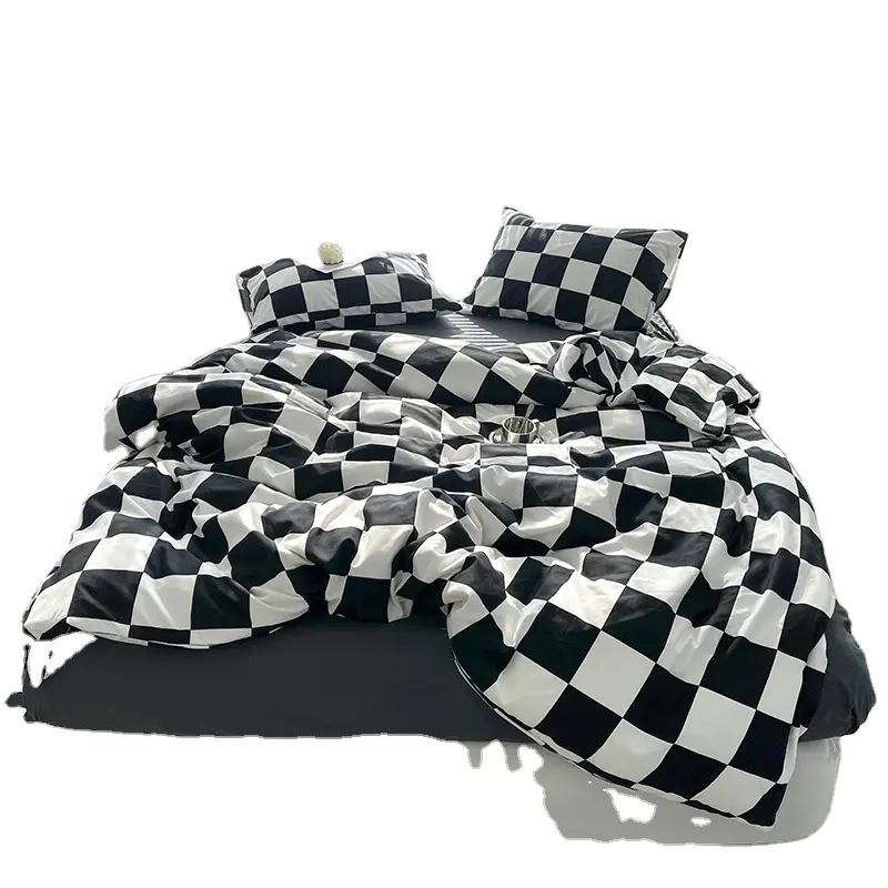 Juego de ropa de cama de 100% poliéster, blanca y negra diseño clásico de rejilla, conjunto de sábanas de lino, gran oferta