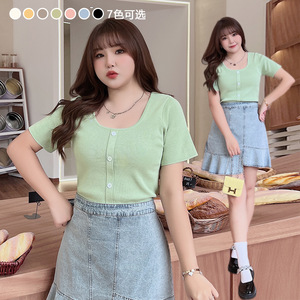 เสื้อสเวตเตอร์ถักแขนสั้นสำหรับผู้หญิงขนาดใหญ่พิเศษเสื้อ N8357ลำลองคอวีกระดุมด้านหน้าสีพื้น - Product Image 4