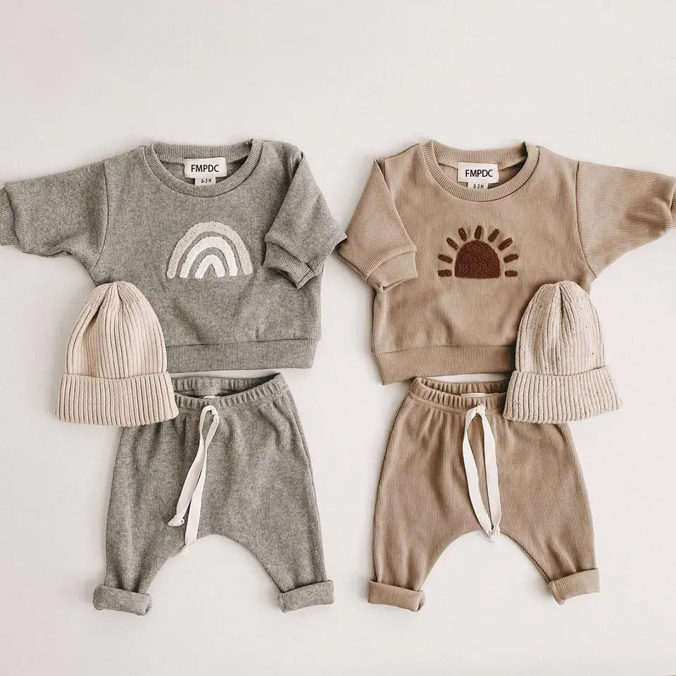 Karikatür gökkuşağı çocuk giysileri bebek setleri sıcak kış giyim seti uzun kollu bebek erkek üstleri + pantolon seti