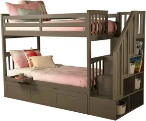 Furniture Twin/Twin Wood Bunk Bed with Trundle and Tray in Dark Gray