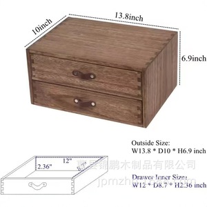 Wooden 2 <b>Drawer</b> Desk <b>Storage</b> <b>Box</b> With Leather Handle Office Organizer Rectangle Standing Type - Product Image 4