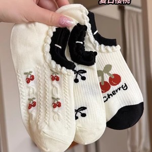 Women's Summer Invisible Ankle Socks Cherry Pattern Anti-Bacterial Sweat-Absorbing White Thin Boat Socks - Product Image 1