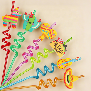 Pailles <span class=keywords><strong>en</strong></span> <span class=keywords><strong>plastique</strong></span> de qualité alimentaire pour fête d'été mexicaine, accessoires de bar à jus pour fête d'anniversaire, pailles spirales mexicaines à motif de dessin animé - Product Image 1
